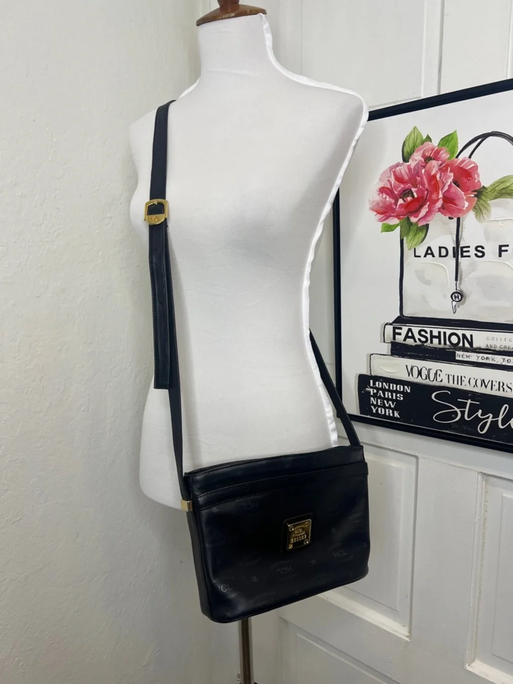 Vintage HCL Black Leather Monogram Crossbody Bag